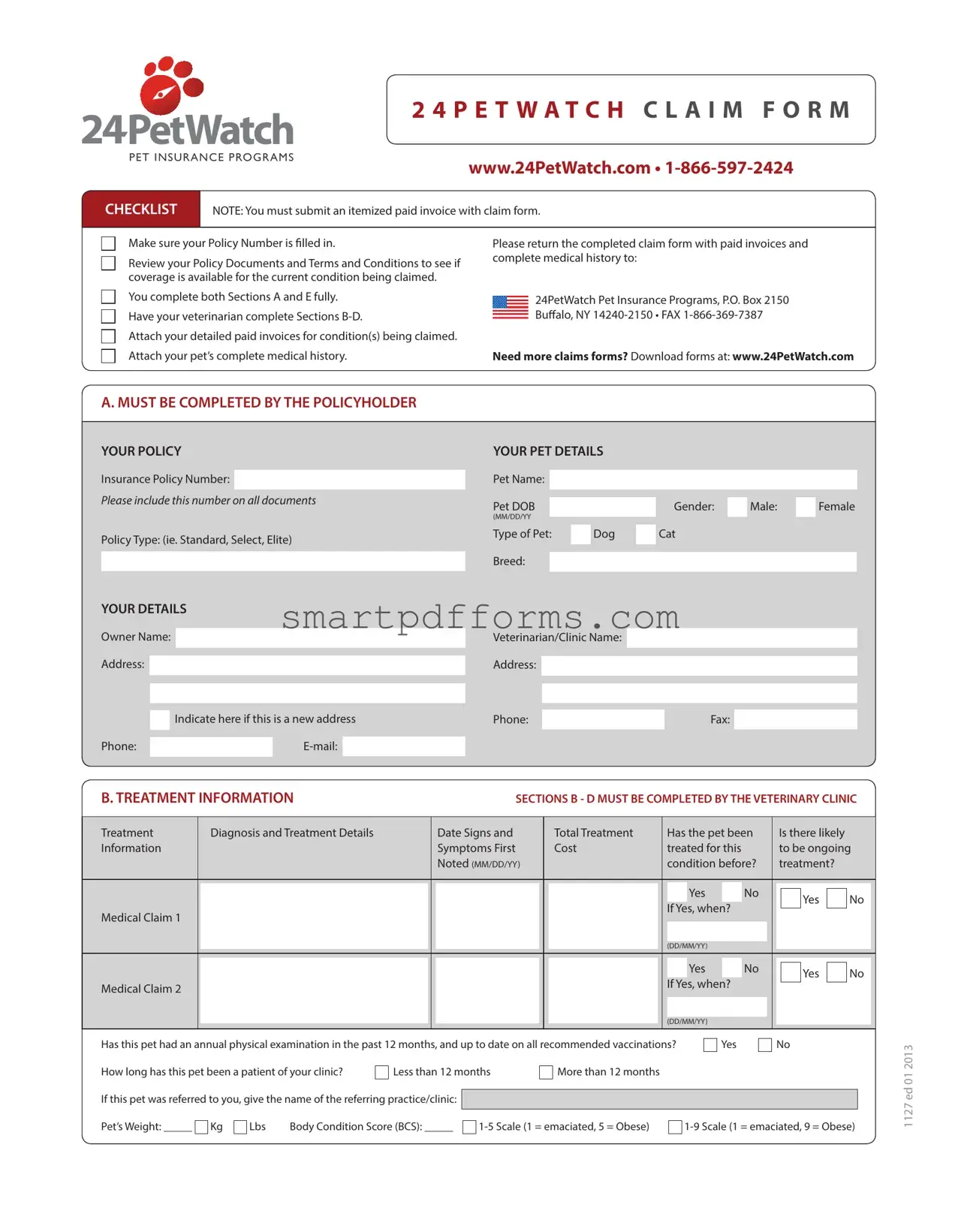 Blank 24Petwatch Claim PDF Template