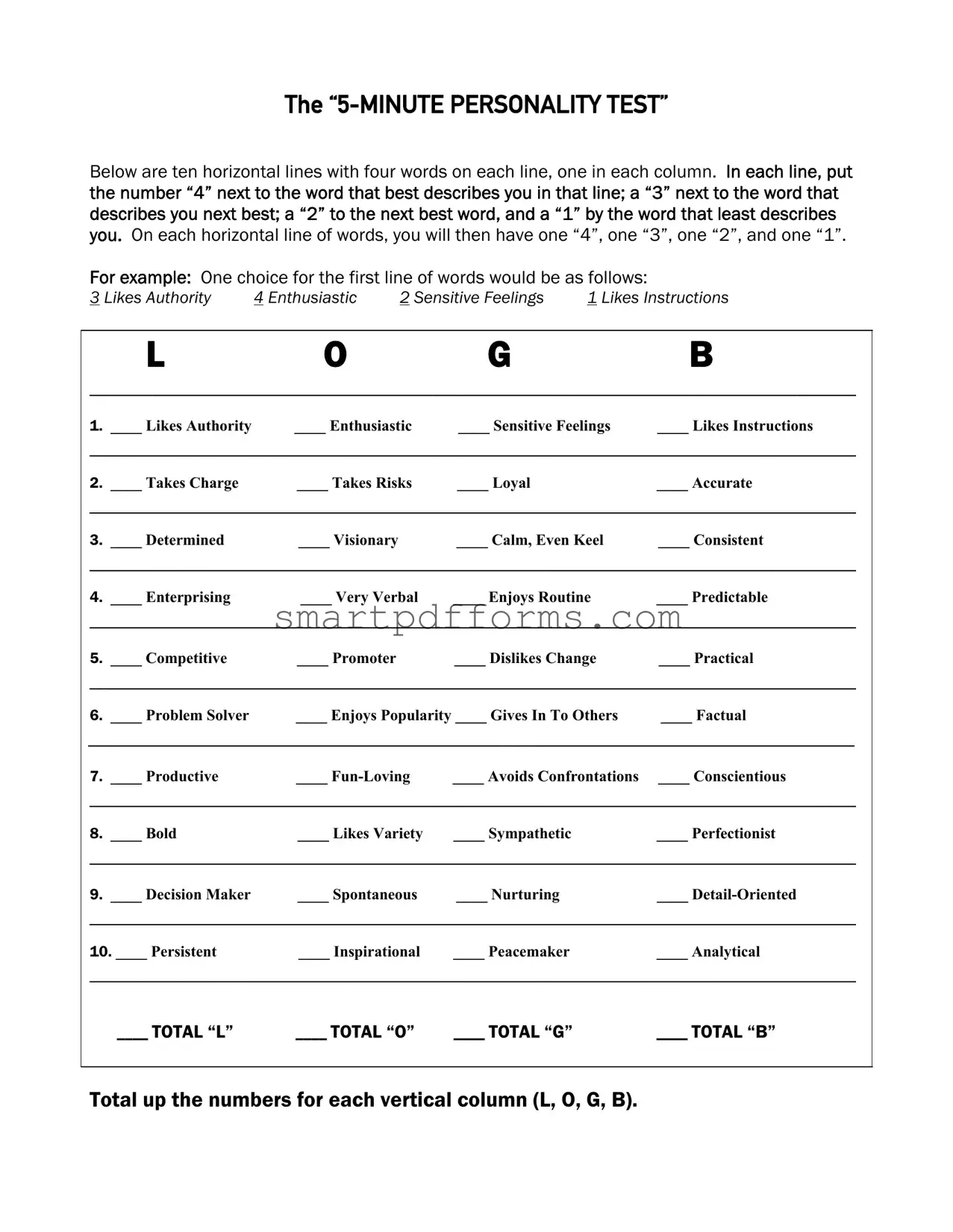 Blank 5 Minute Personality Test PDF Template