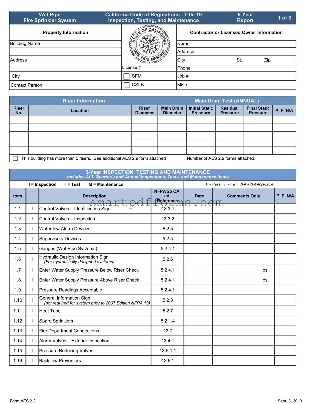 Blank 5 Year Fire Sprinkler Inspection PDF Template