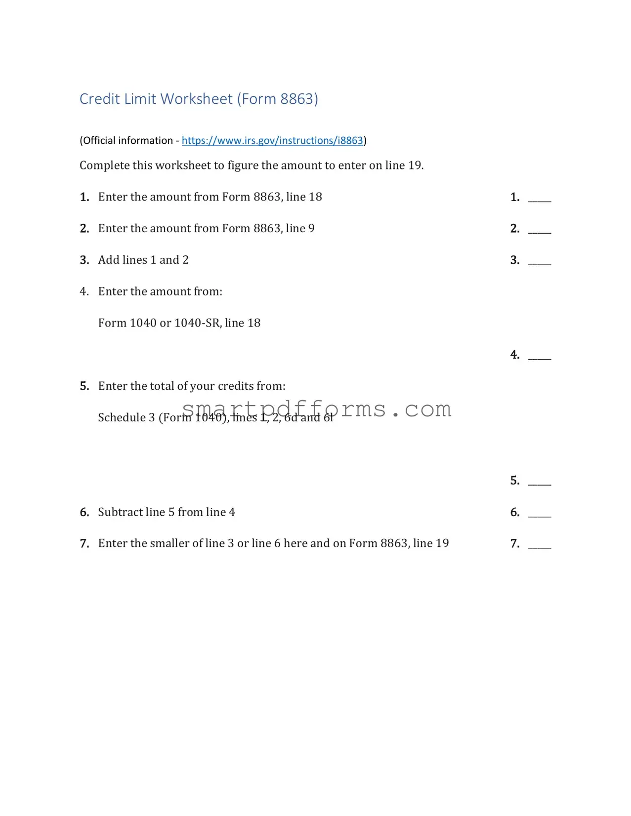Blank 8863 Credit Limit Worksheet PDF Template