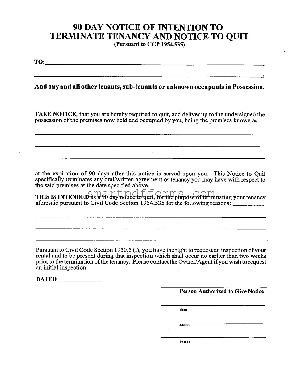 Blank 90 Day Notice PDF Template
