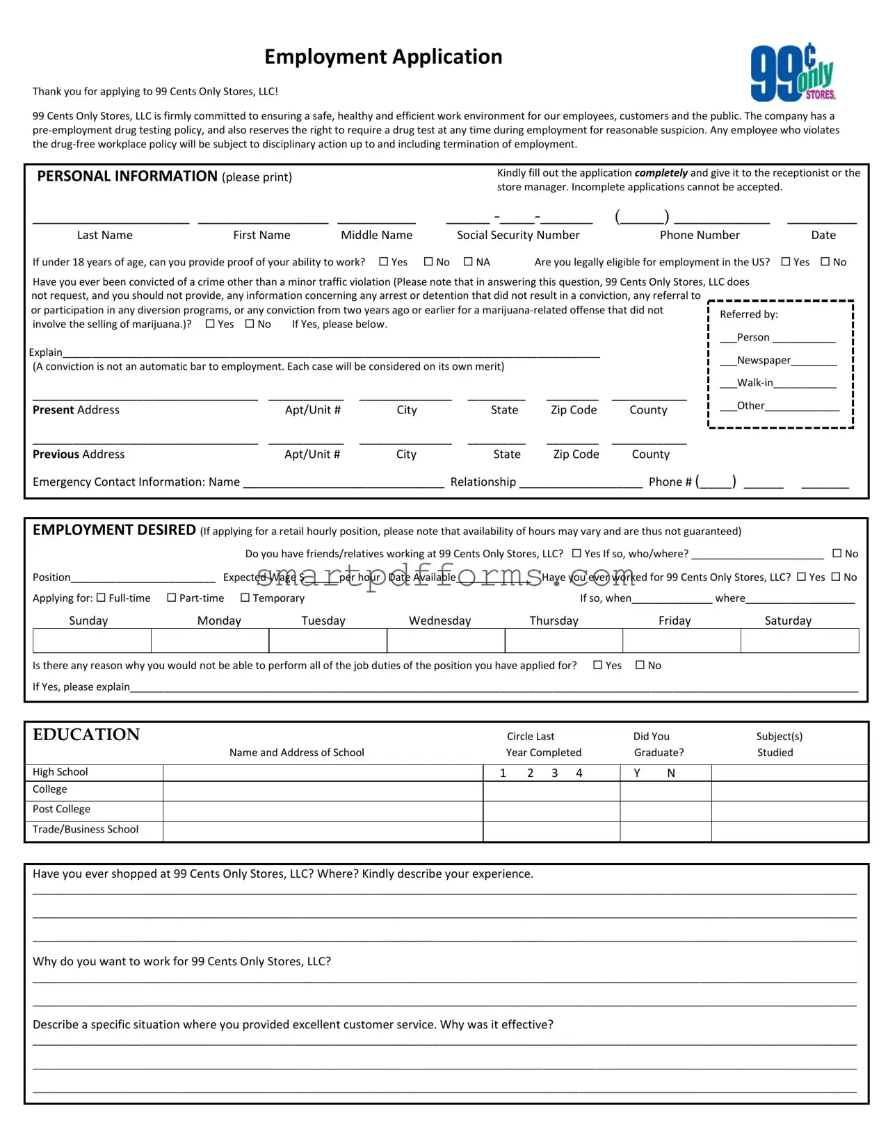Blank 99 Cent Job Application PDF Template