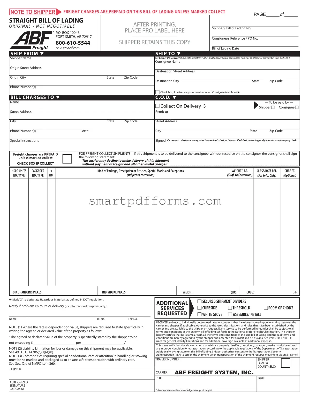 Blank Abf Freight Bill Of Lading PDF Template