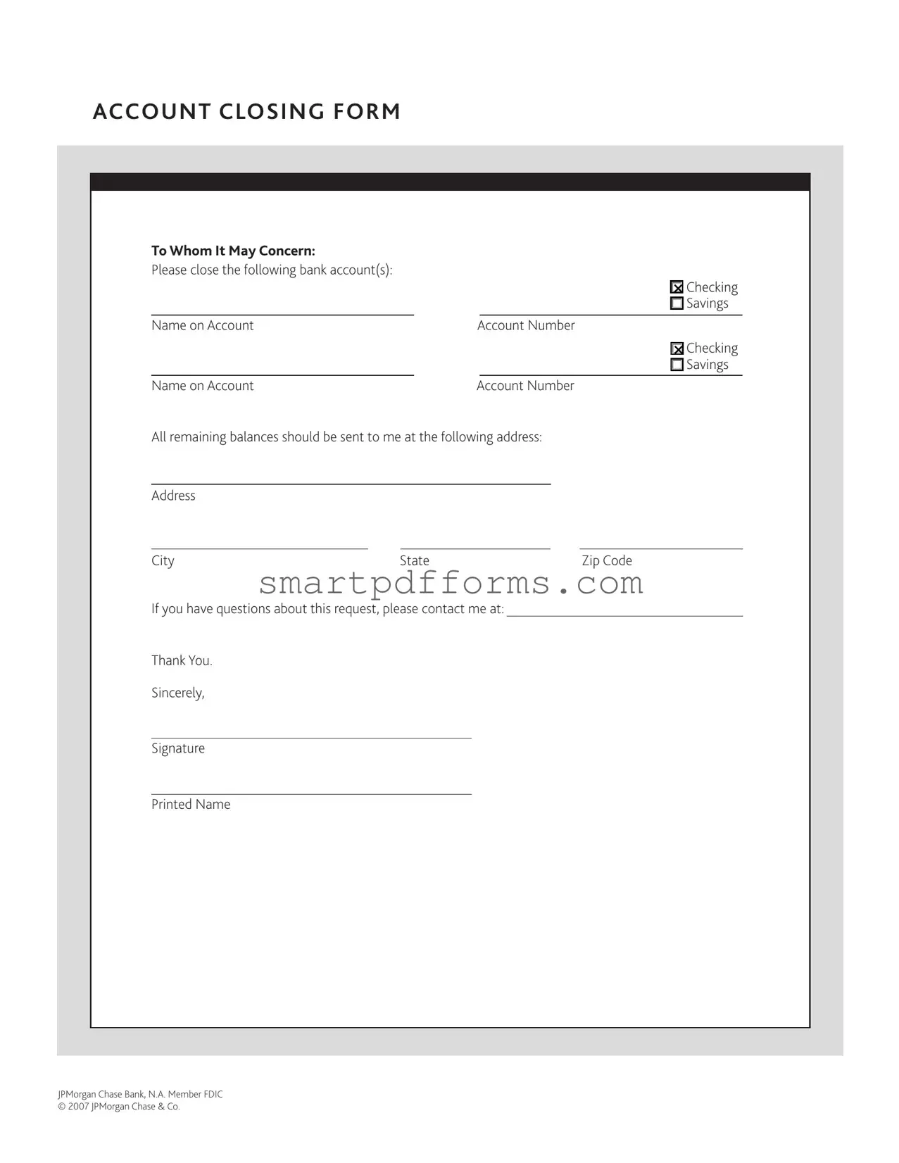 Blank Account Closing PDF Template