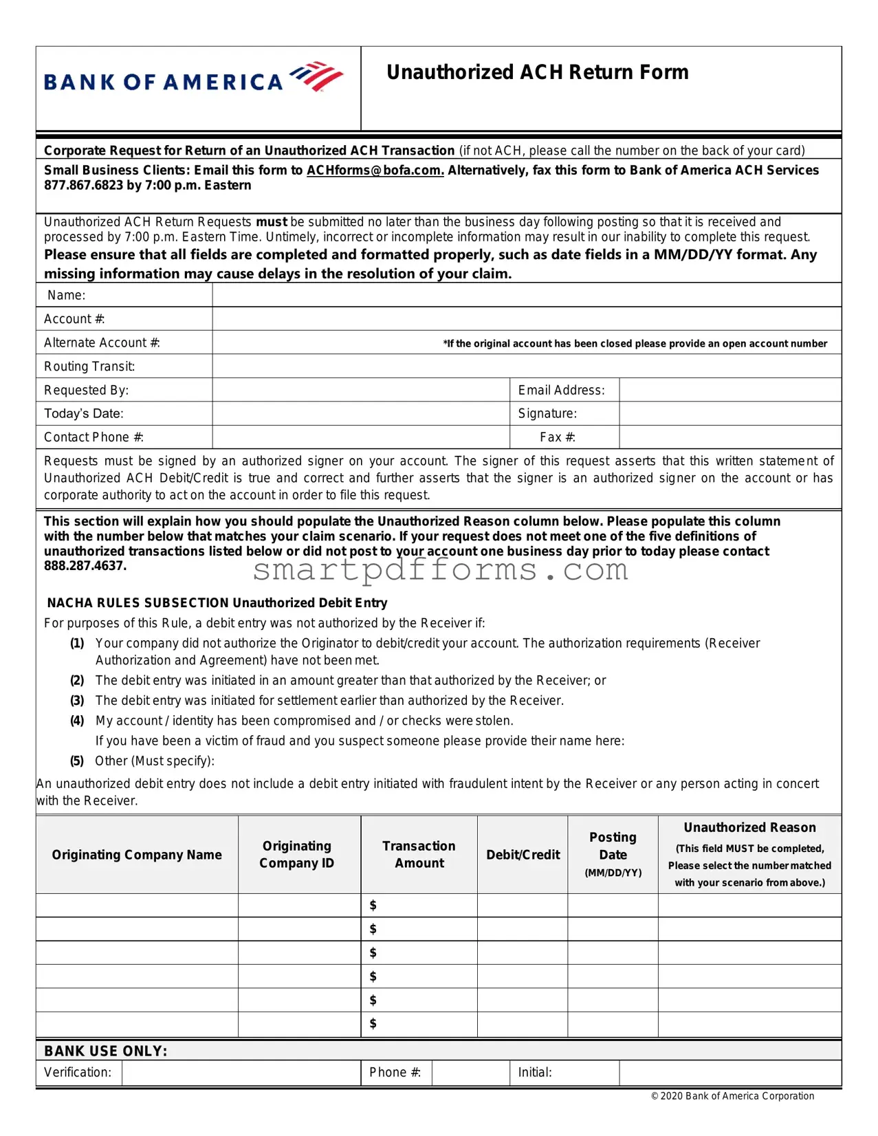 Blank Ach Transfer Bank Of America PDF Template