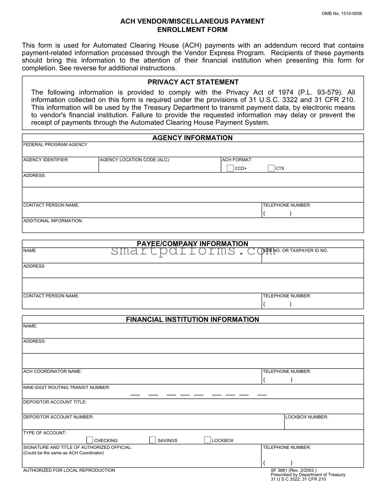 Blank Ach Vendor Payment PDF Template