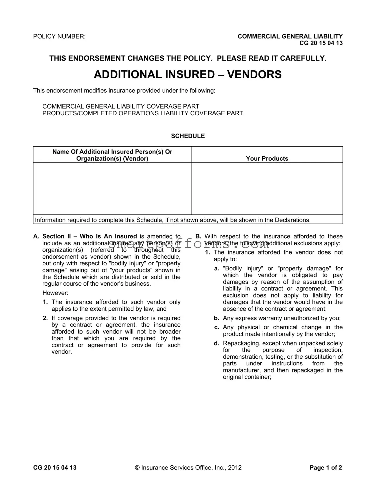 Blank Additional Insured Vendors PDF Template