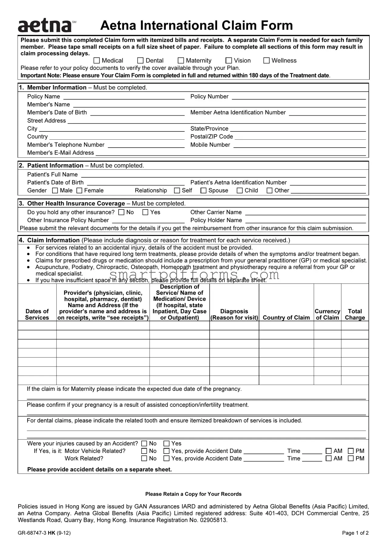 Blank Aetna International Claim PDF Template