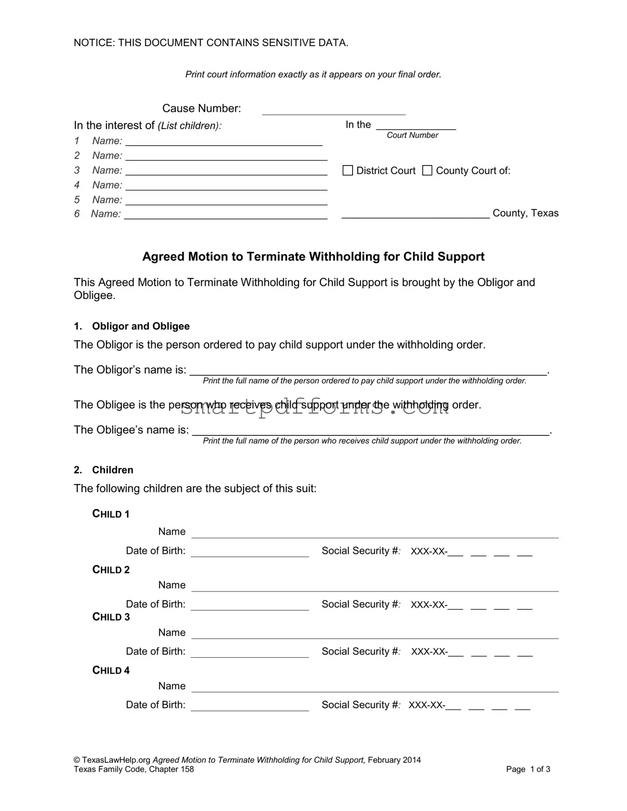 Blank Agreed Motion Terminate Child Support PDF Template