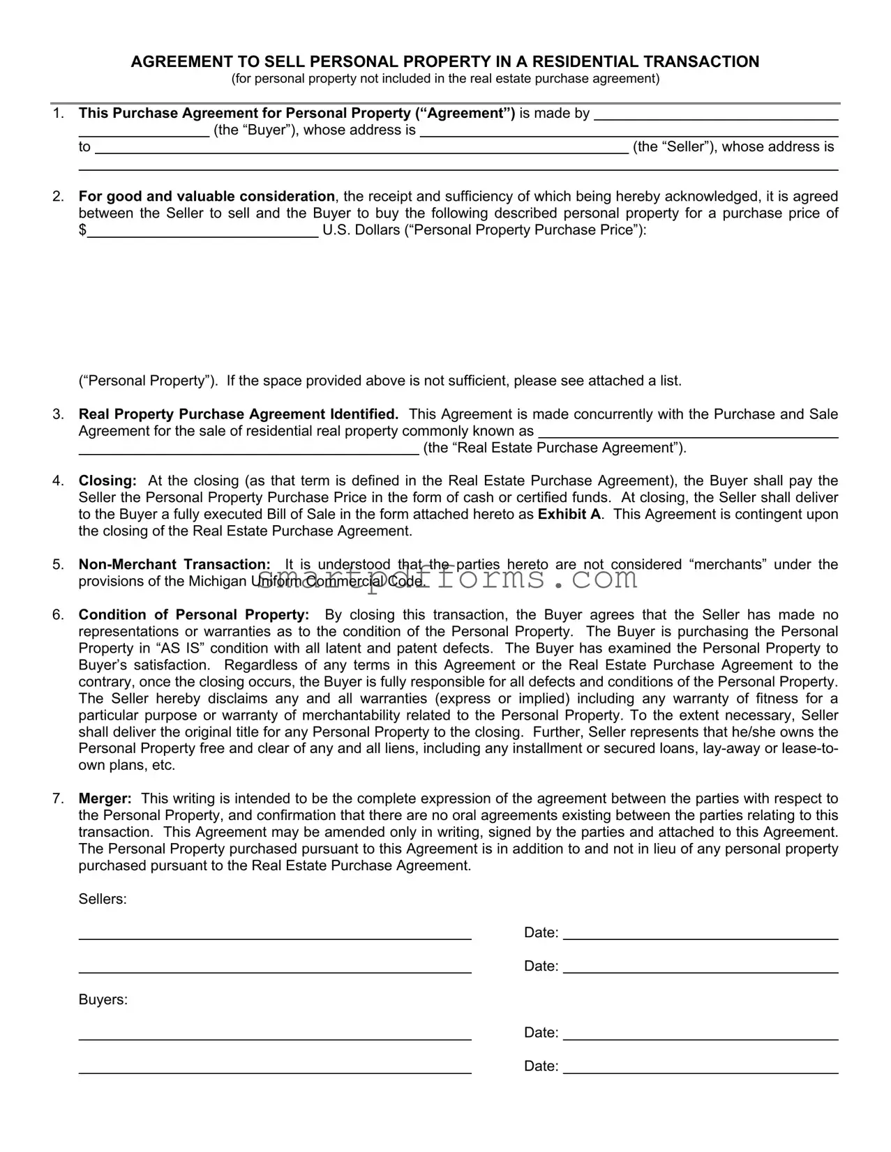Blank Agreement Personal Property PDF Template