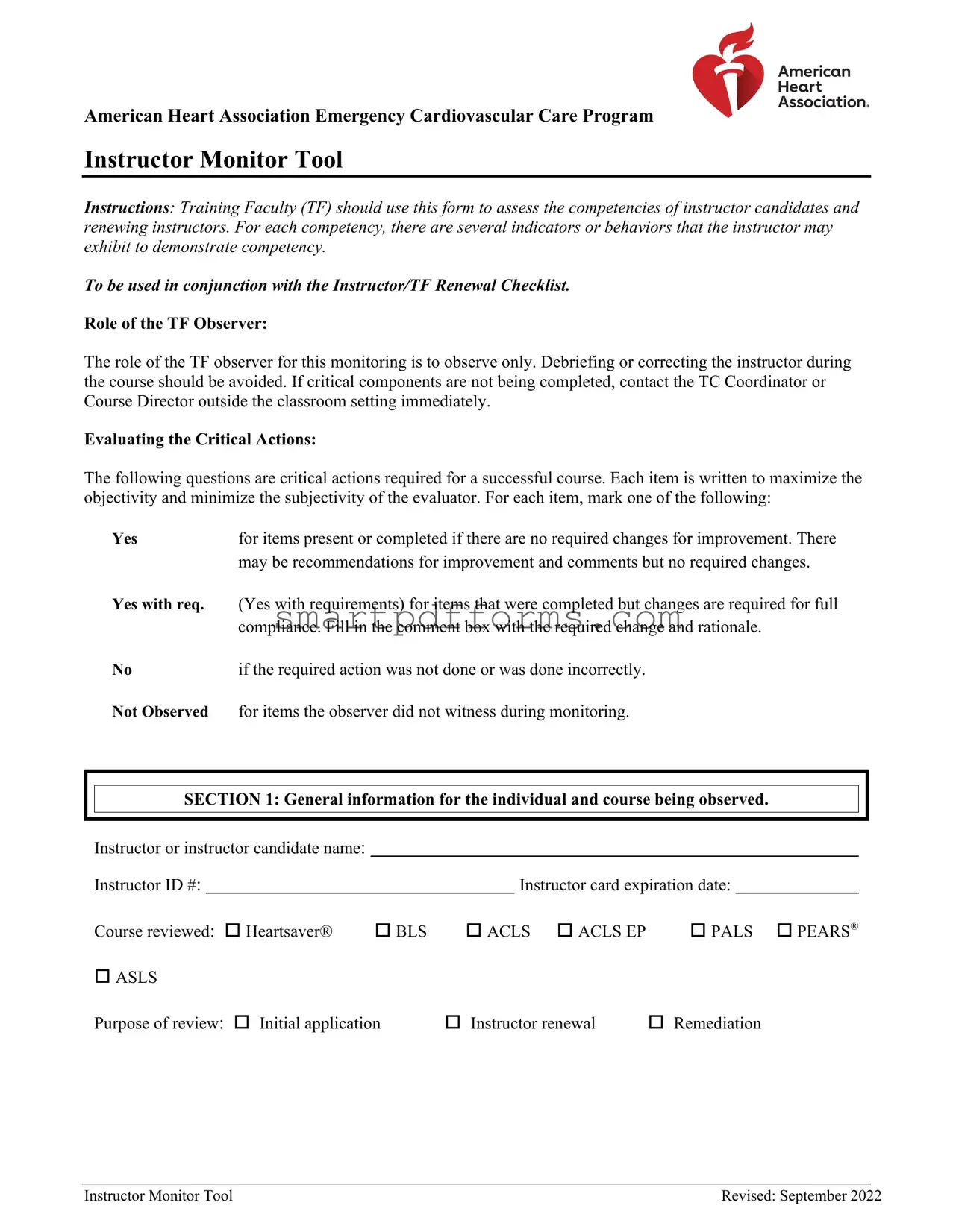 Blank Aha Instructor Monitor PDF Template