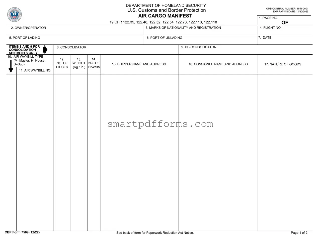 Blank Air Cargo Manifest PDF Template