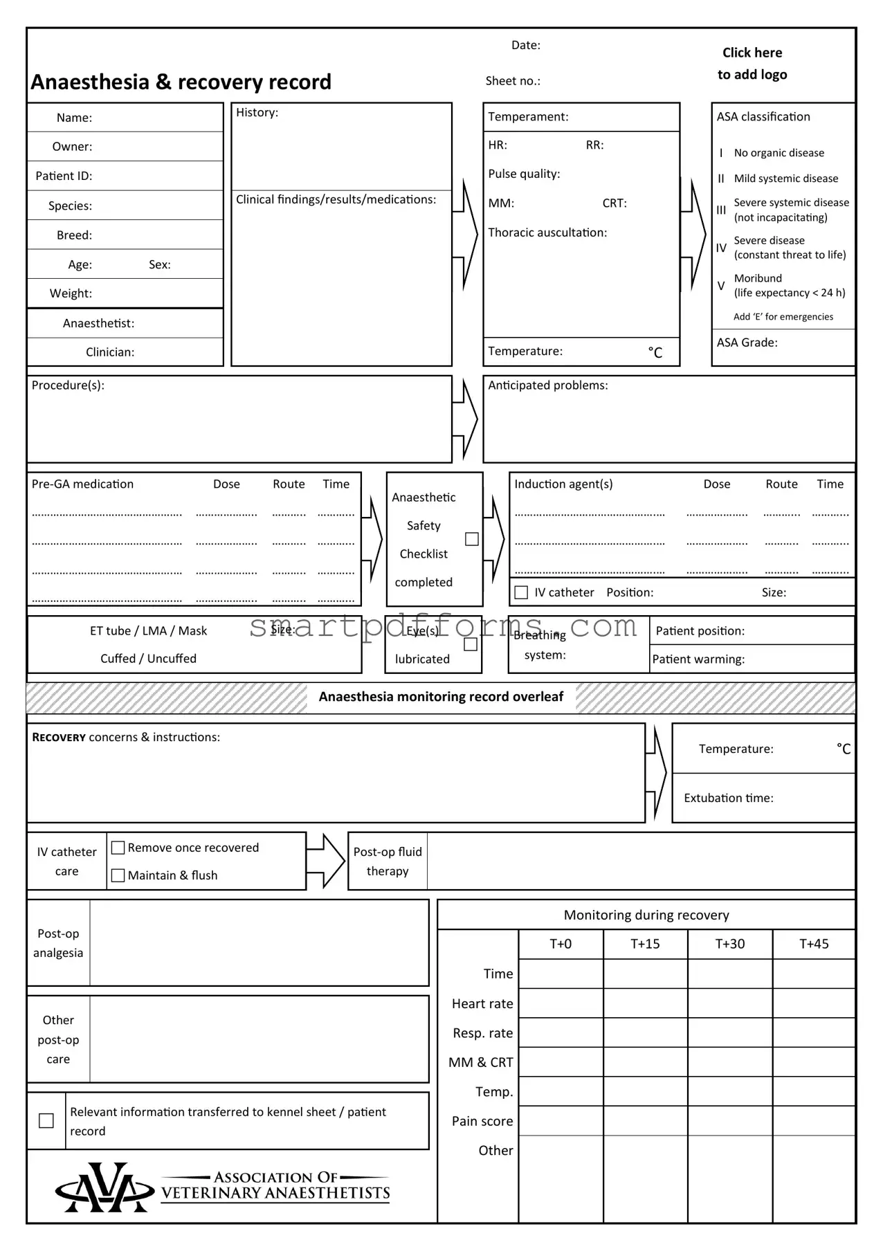 Blank Anesthesia Record PDF Template