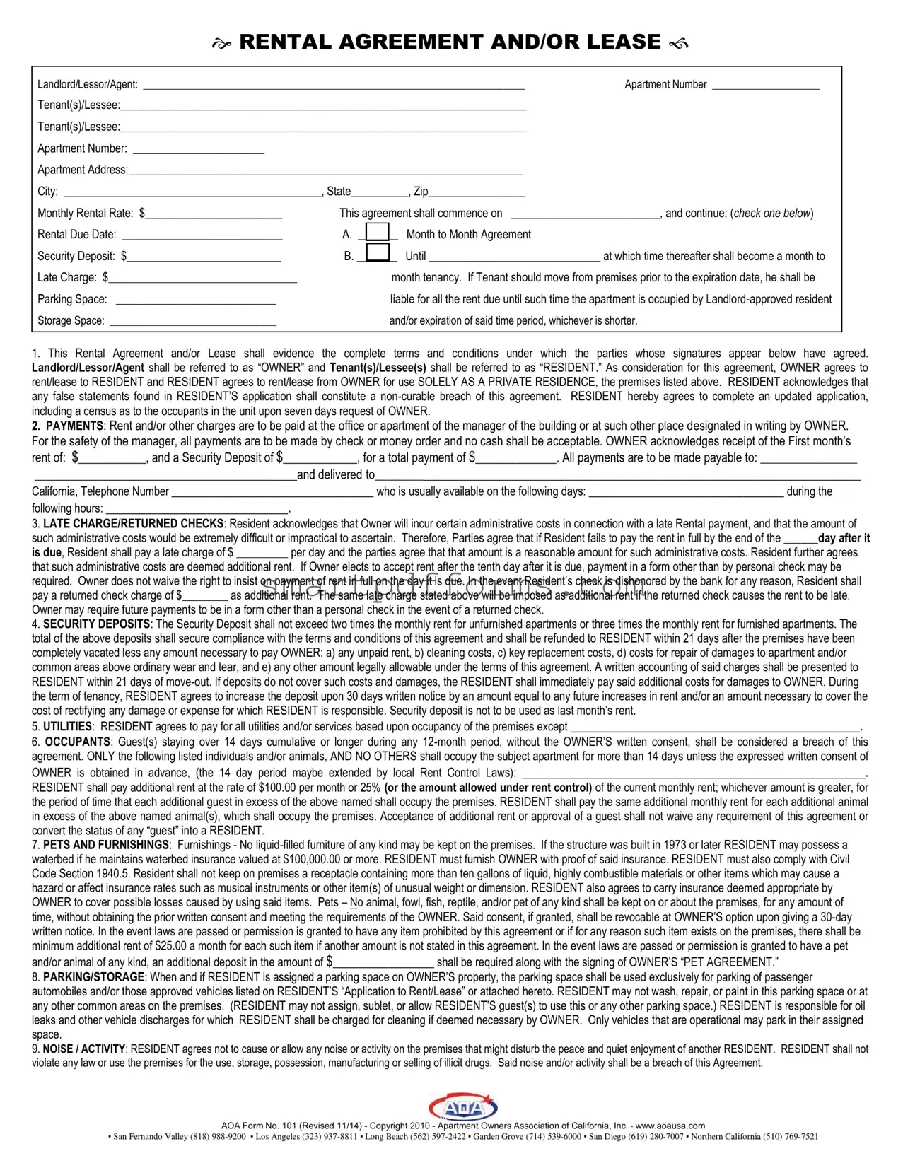Blank Aoa Rental Agreement PDF Template
