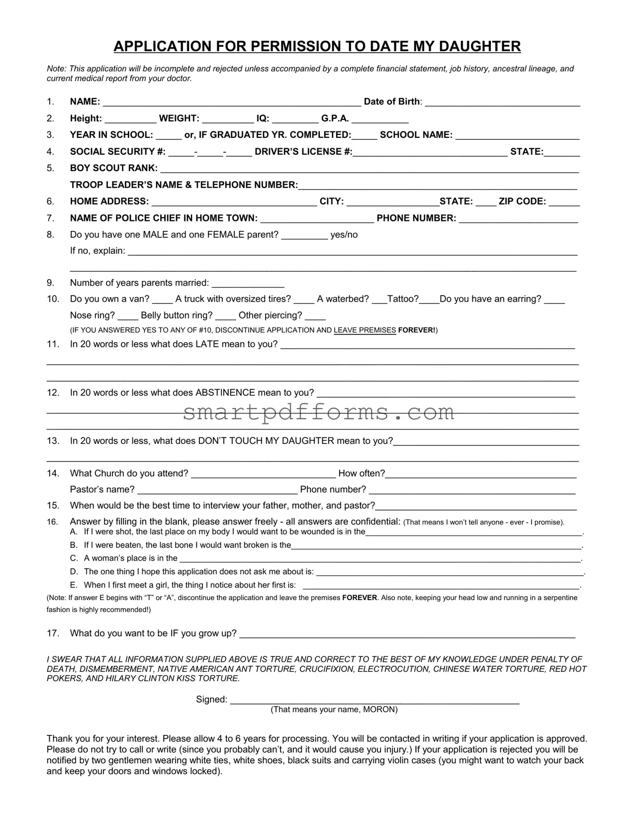 Blank Application Date Daughter PDF Template