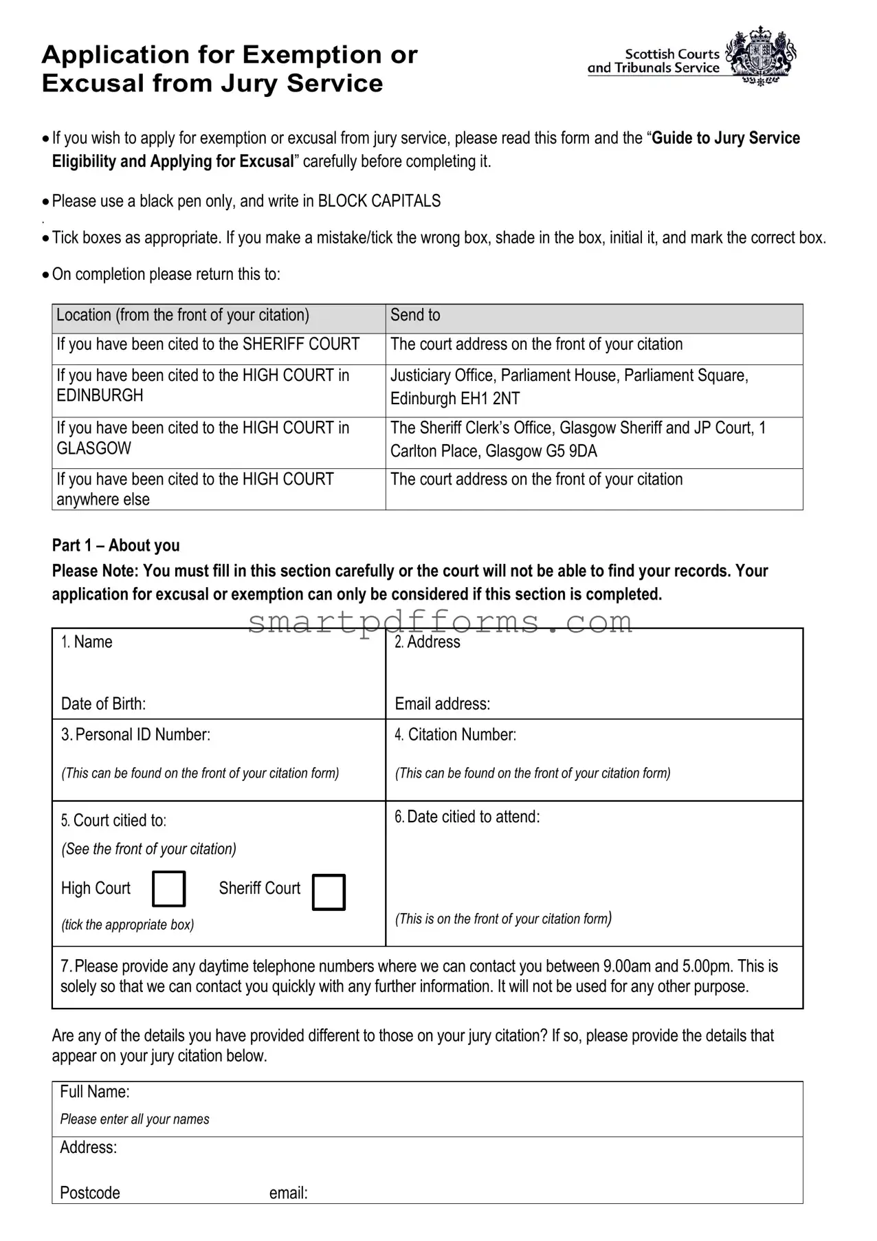 Blank Application For Exemption Or Excusal From Jury Service PDF Template