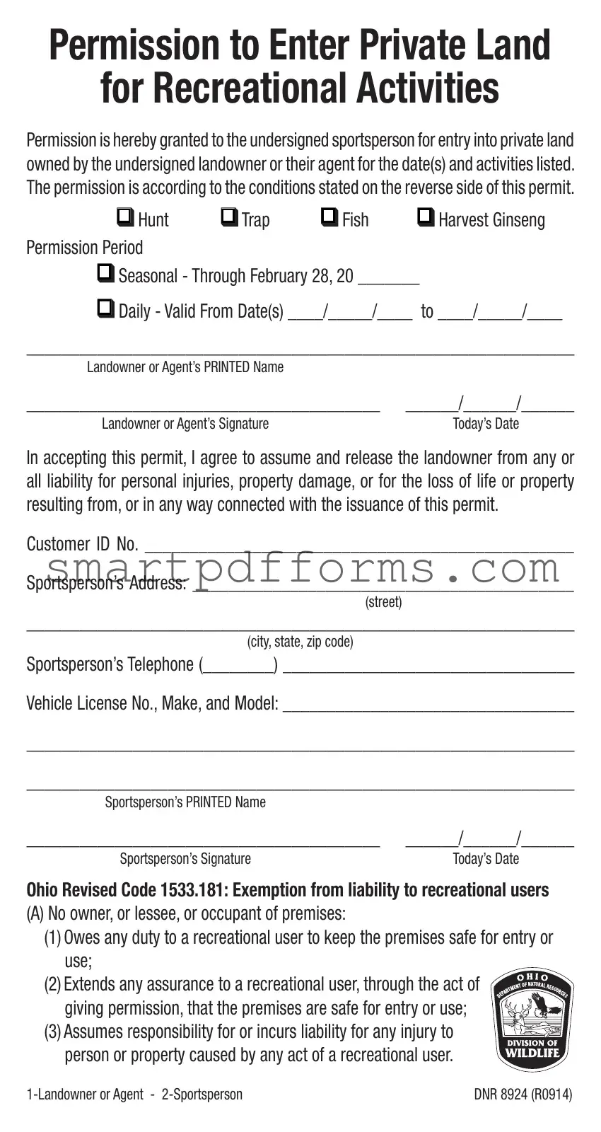 Blank Application For Hunting Permission PDF Template