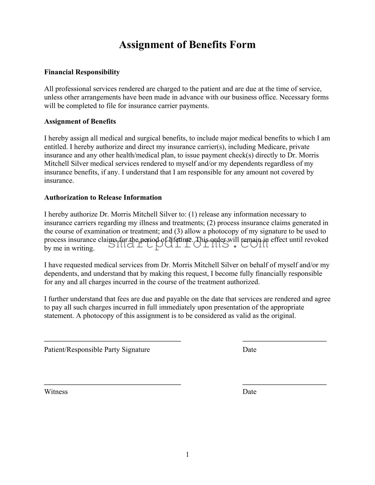 Blank Assignment Of Benefits PDF Template