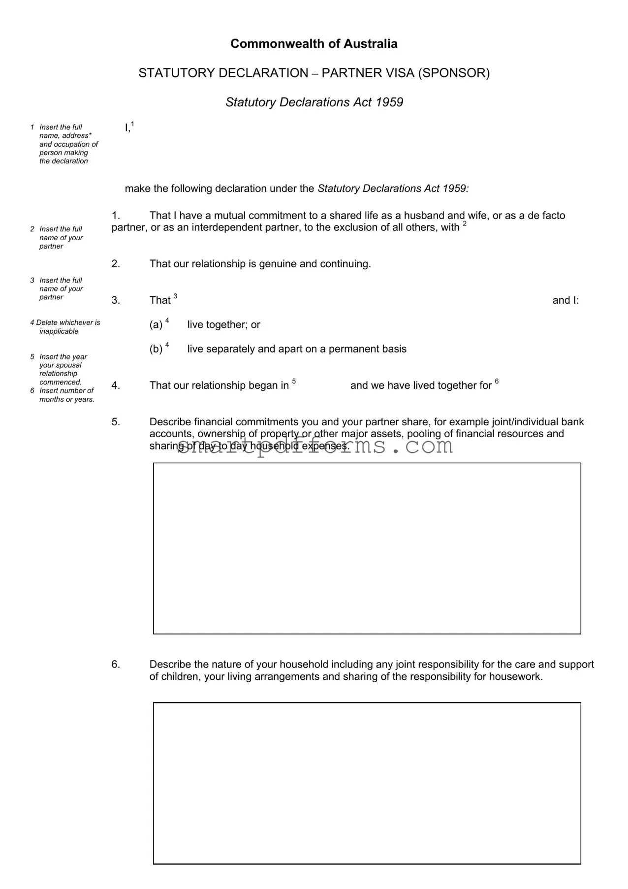 Blank Australia Statutory Declaration Partner Visa PDF Template