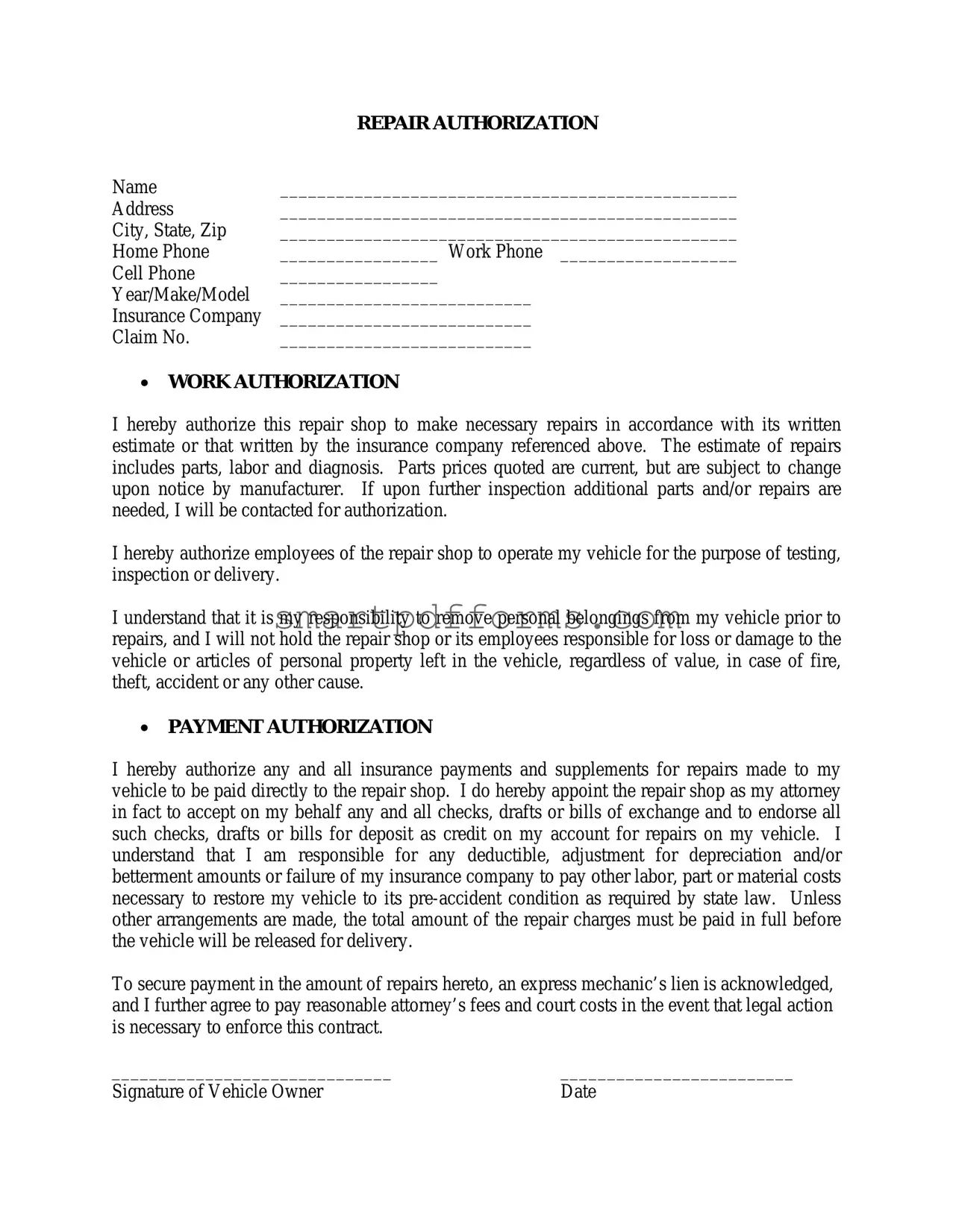 Blank Authorization Repair PDF Template