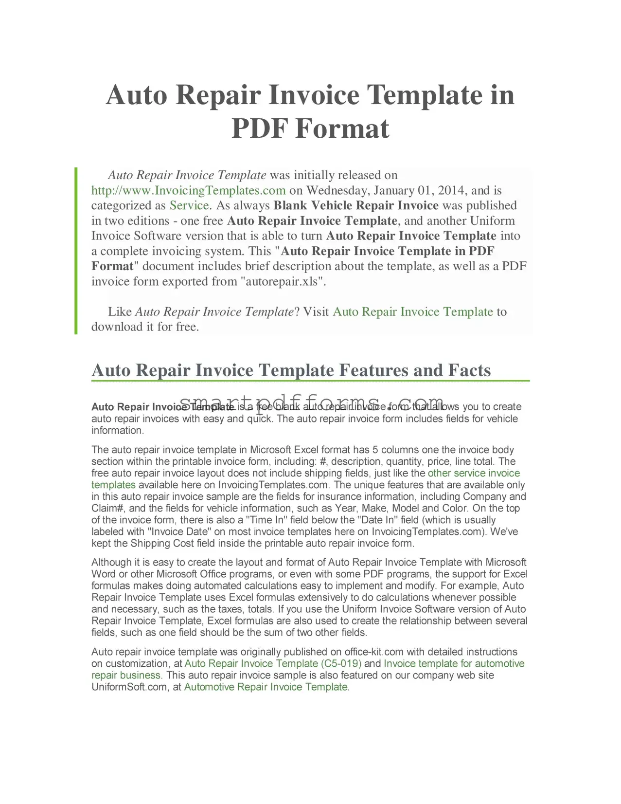 Blank Auto Repair Invoice PDF Template