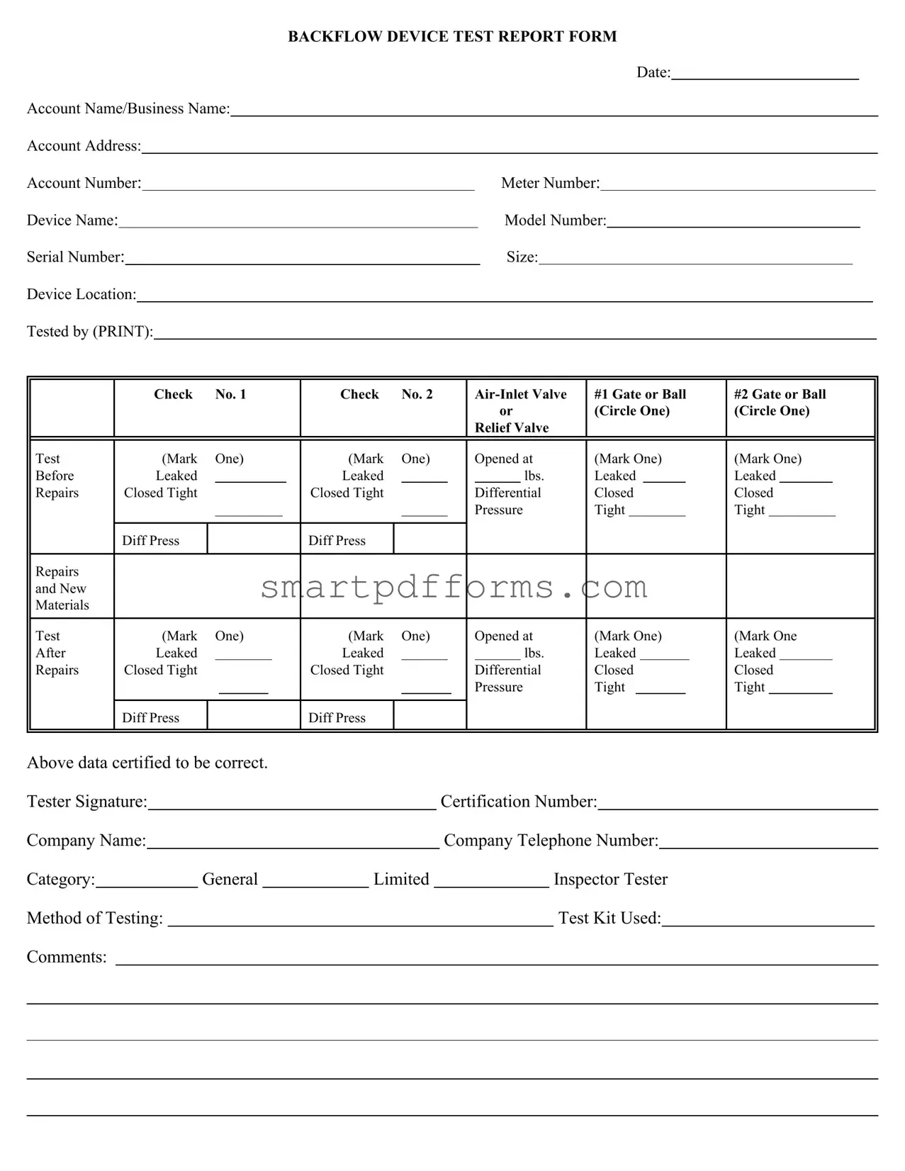 Blank Backflow Test Report PDF Template