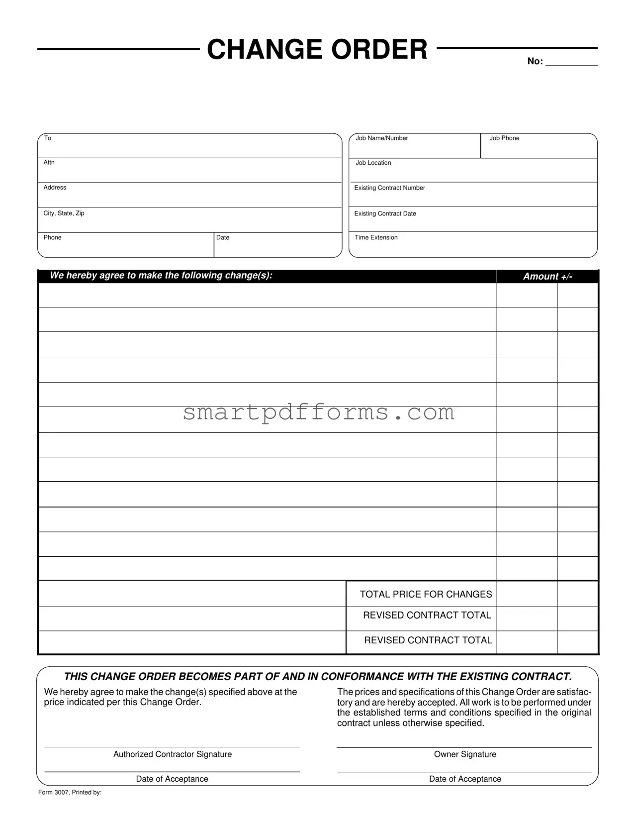 Blank Bank Change Order PDF Template
