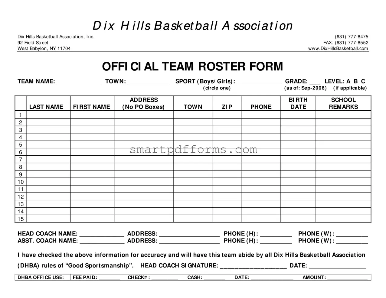 Blank Basketball Roster PDF Template