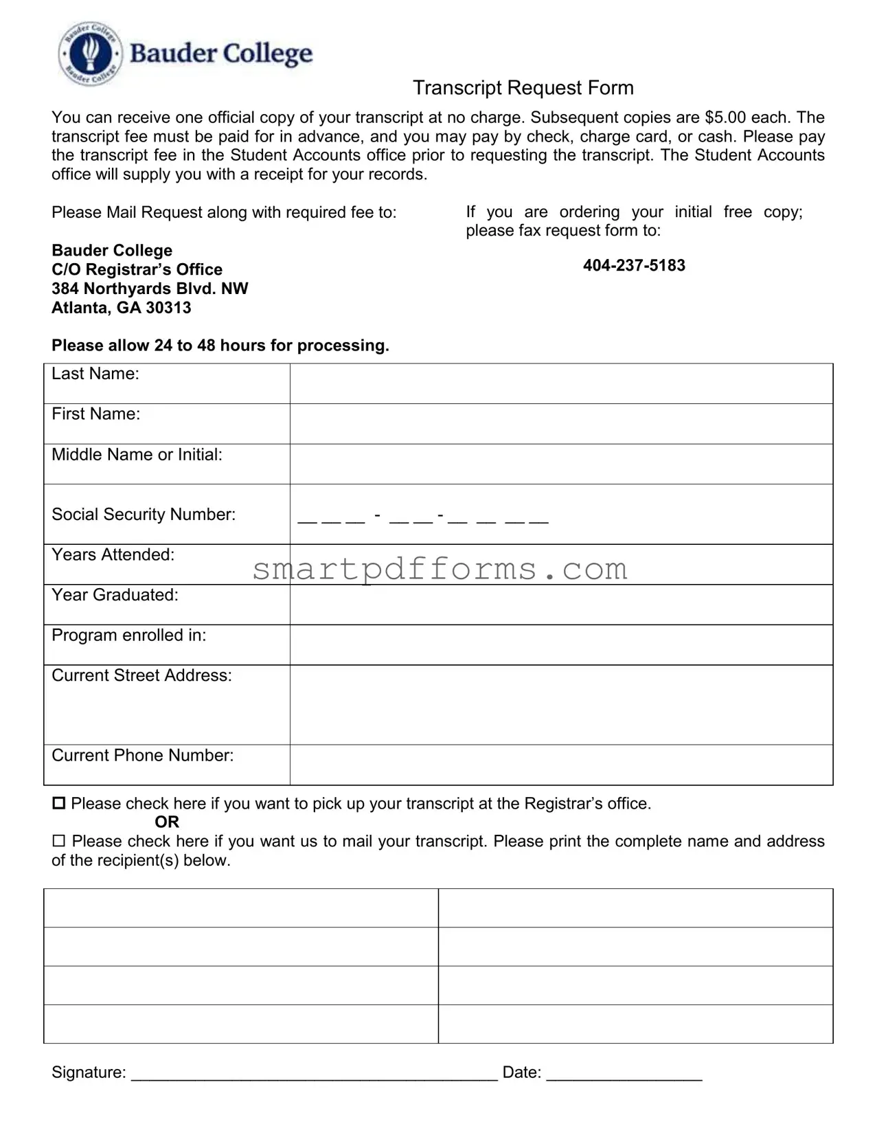 Blank Bauder College Transcript PDF Template