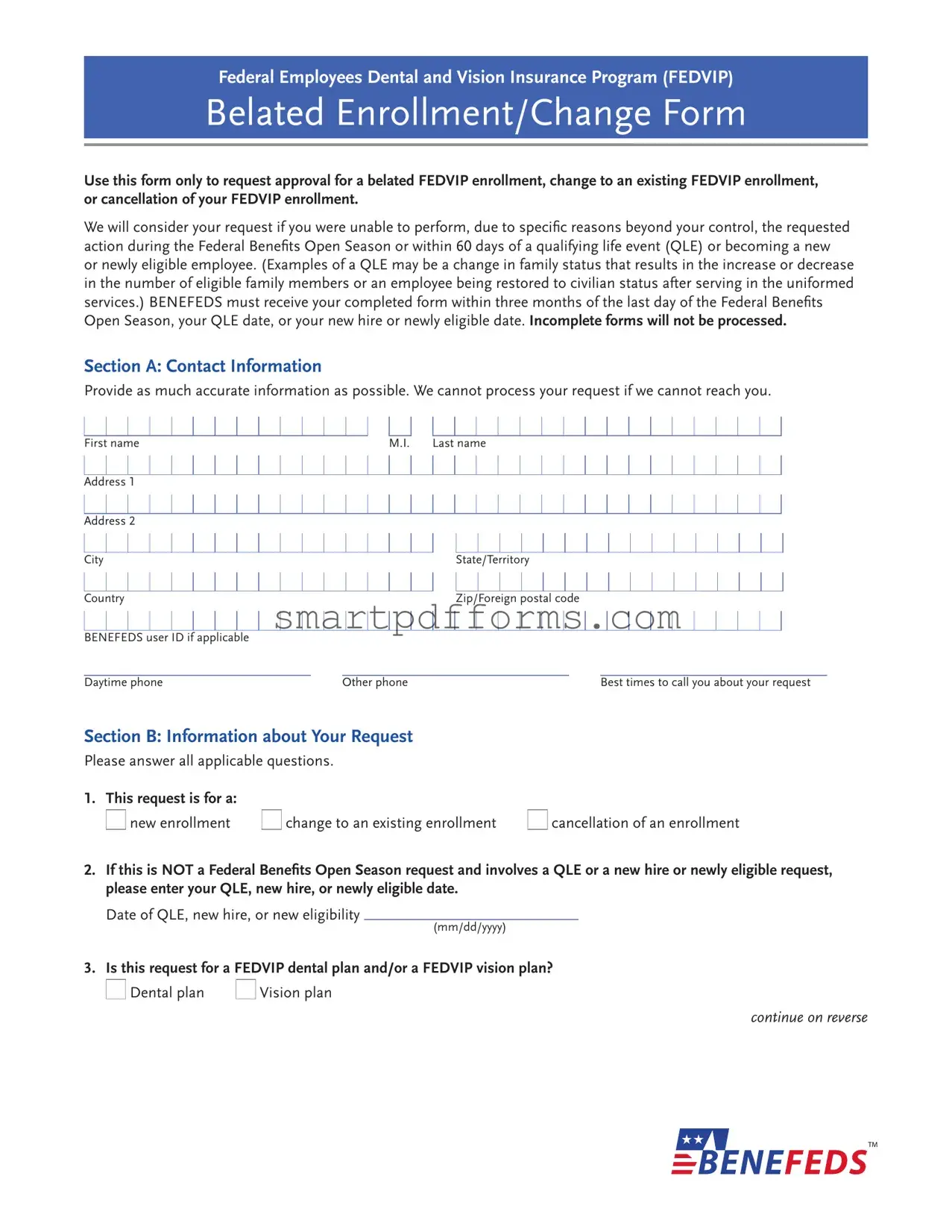 Blank Benefeds Belated Enrollment PDF Template
