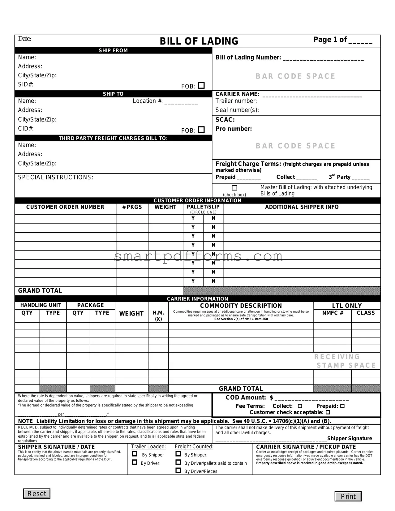 Blank Bill Of Lading PDF Template