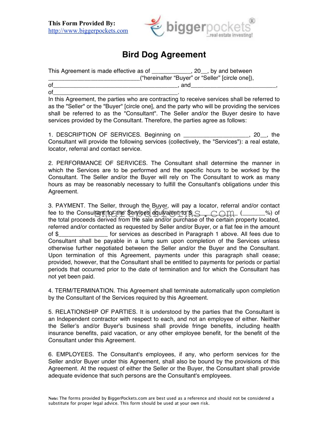 Blank Bird Dog Agreement PDF Template