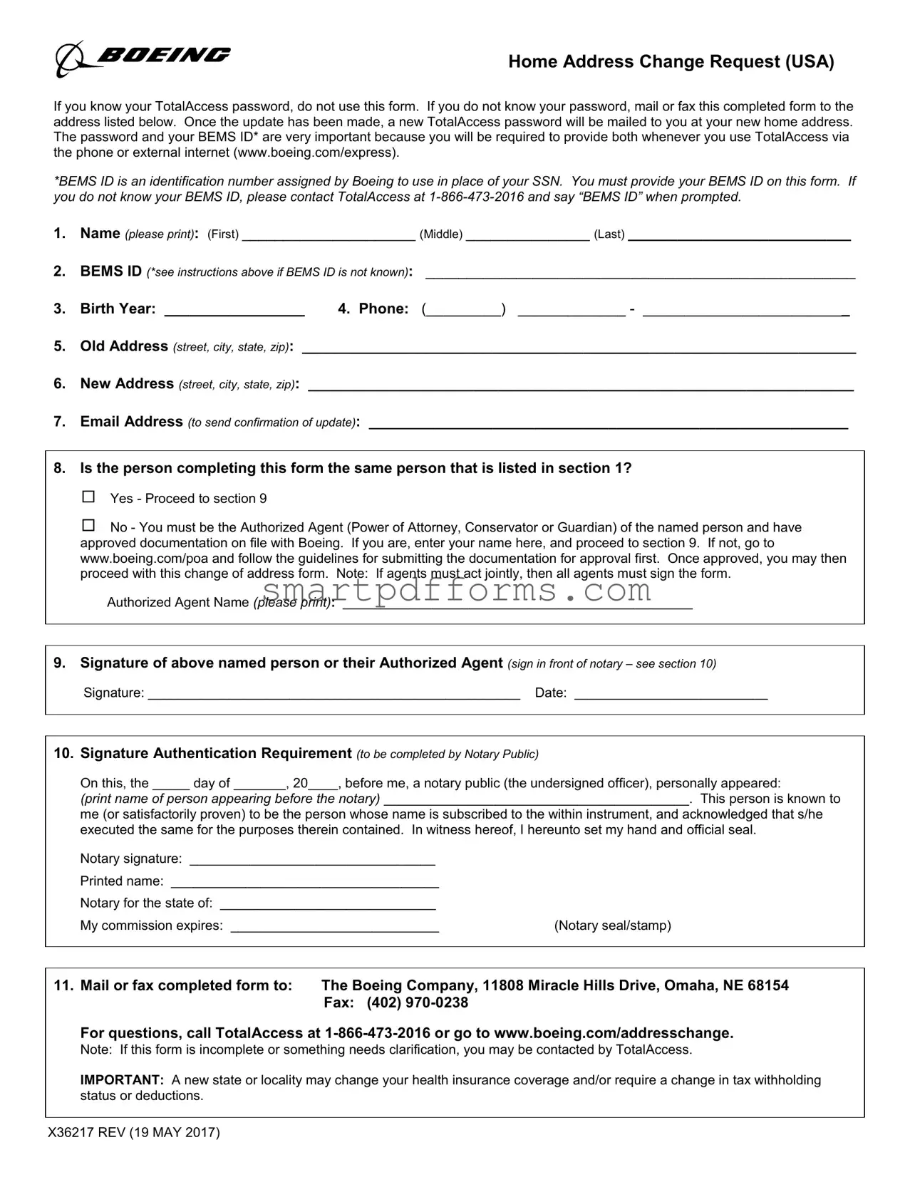 Blank Boeing Address Change Request PDF Template