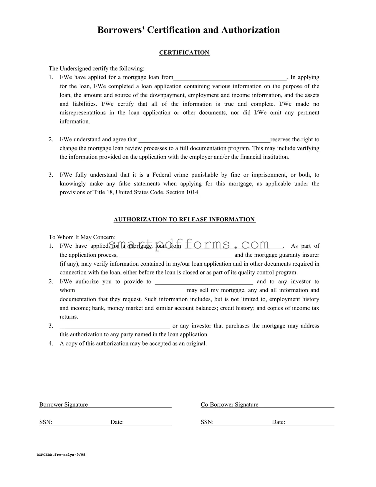 Blank Borrowers Certification Authorization PDF Template