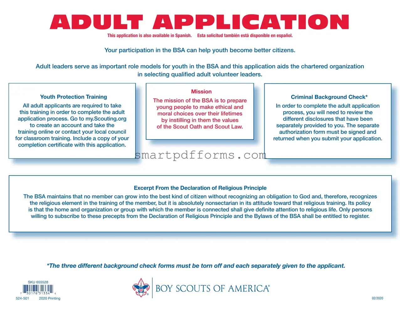 Blank Bsa Adult Application PDF Template