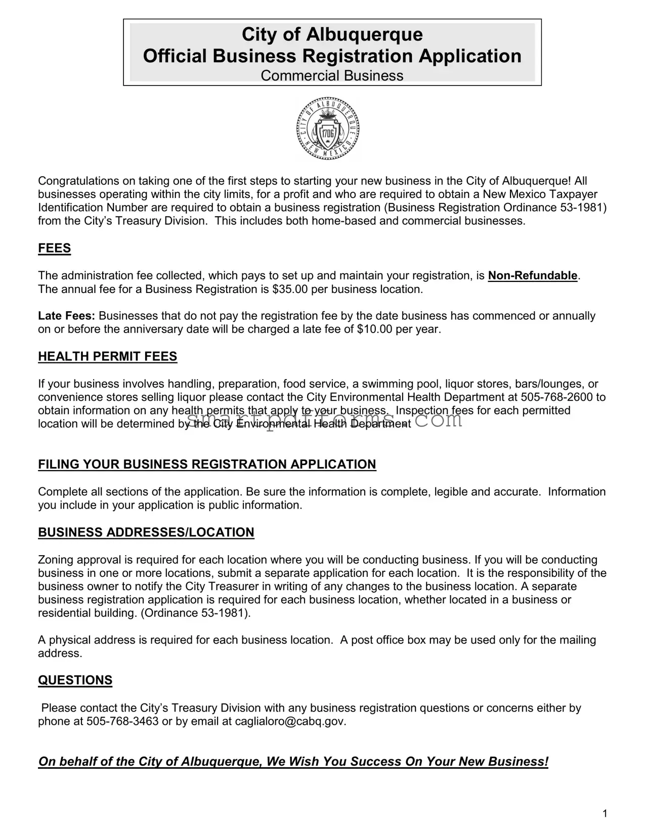 Blank Business Registration Albuquerque PDF Template