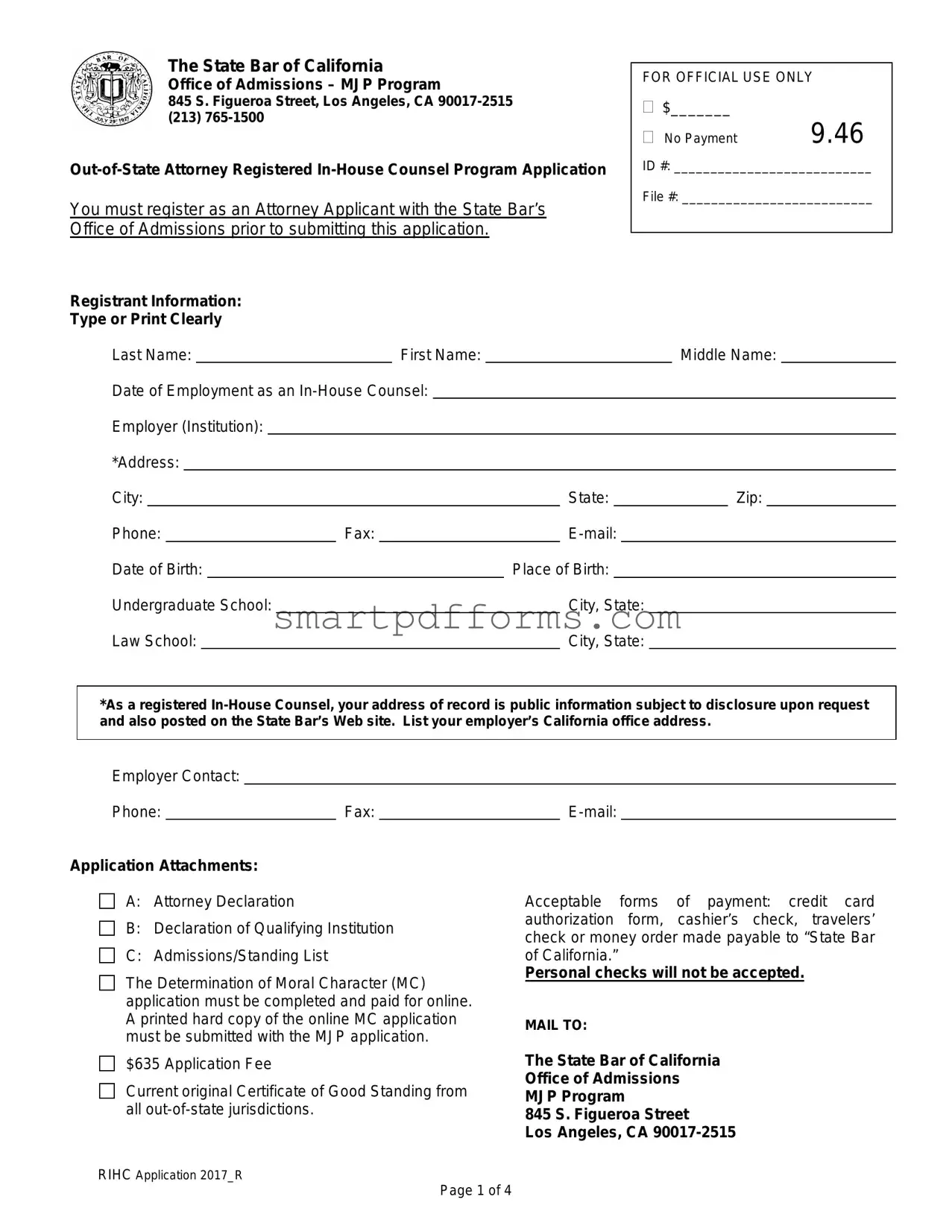 Blank California Application Registered In Counsel PDF Template