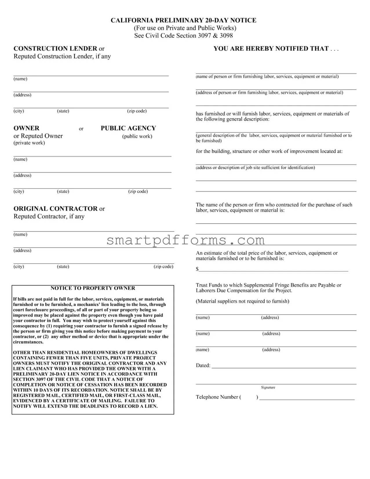 Blank California Preliminary 20 Day Notice PDF Template