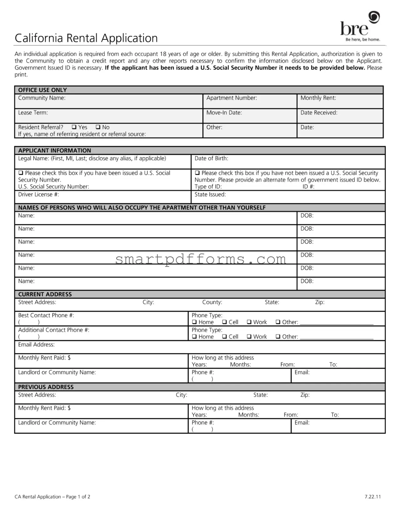 Blank California Rental Application PDF Template