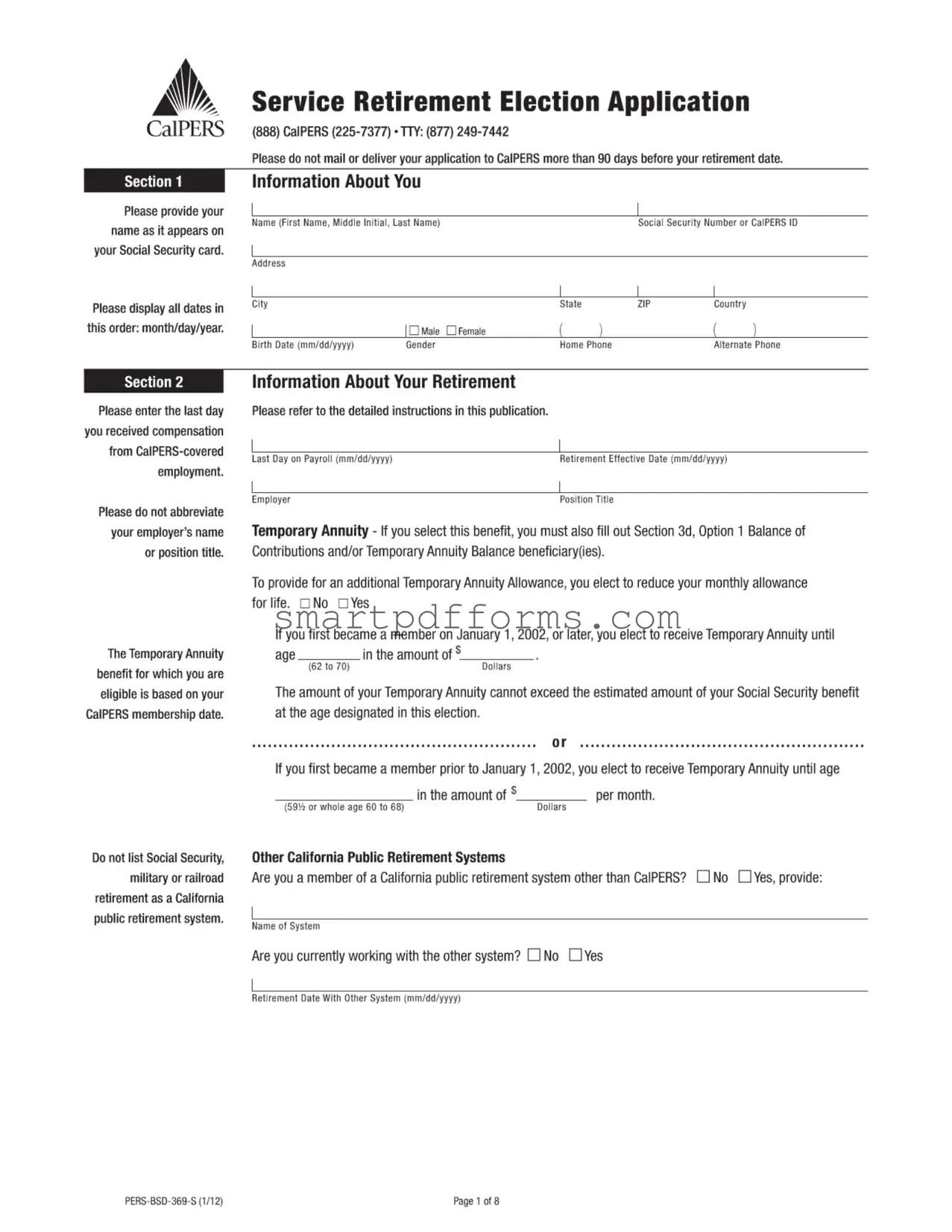 Blank Calpers Retirement Application PDF Template