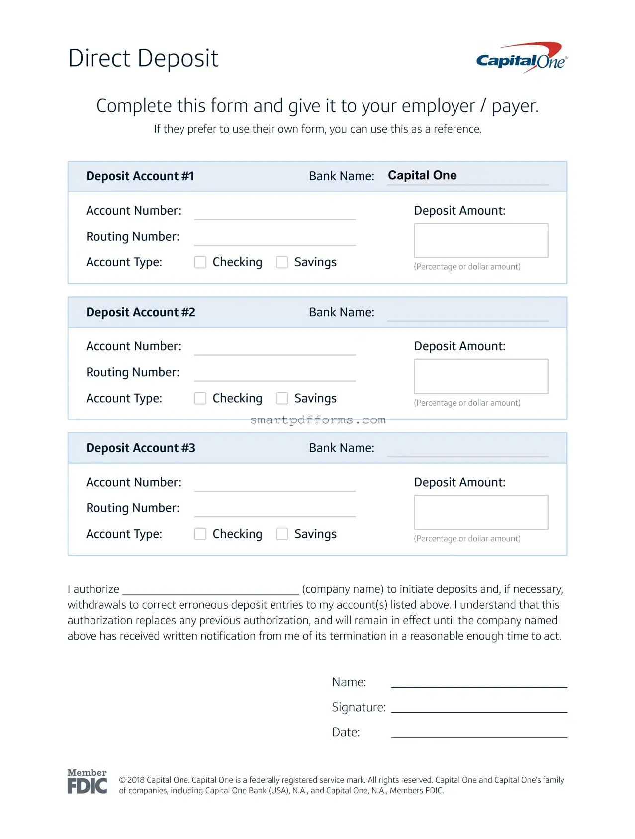 Blank Capital One Direct Deposit PDF Template