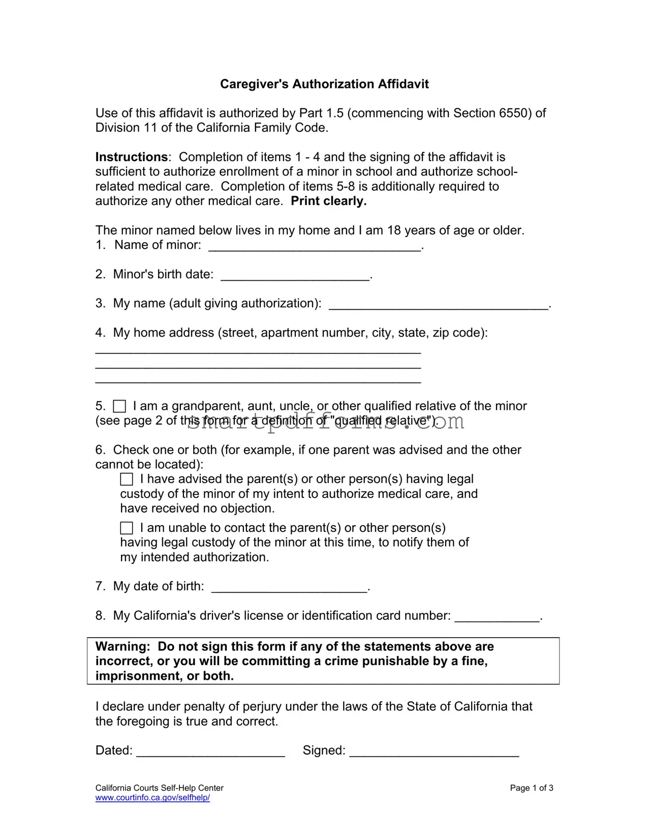 Blank Caregivers Authorization Affidavit PDF Template