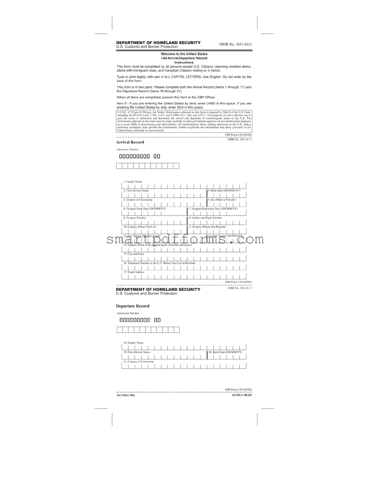 Blank Cbp I 94 PDF Template