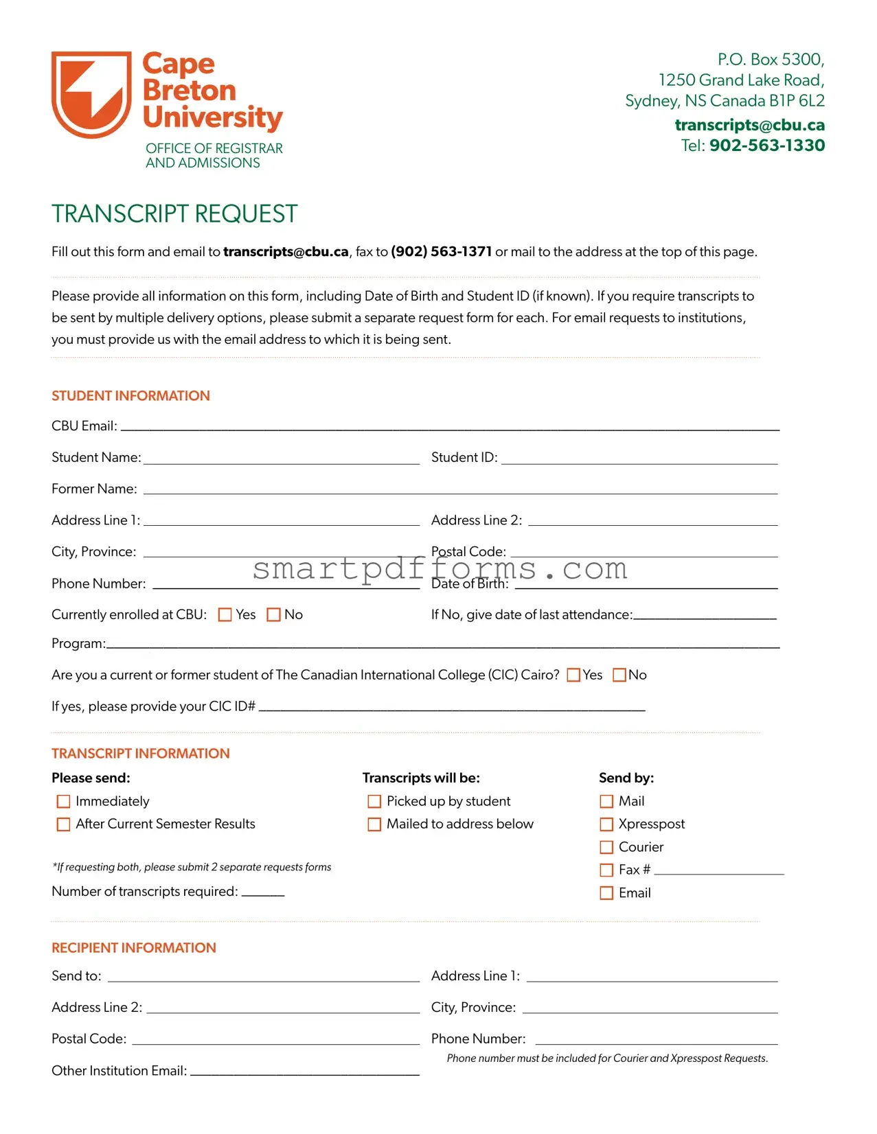 Blank Cbu Transcript Request PDF Template