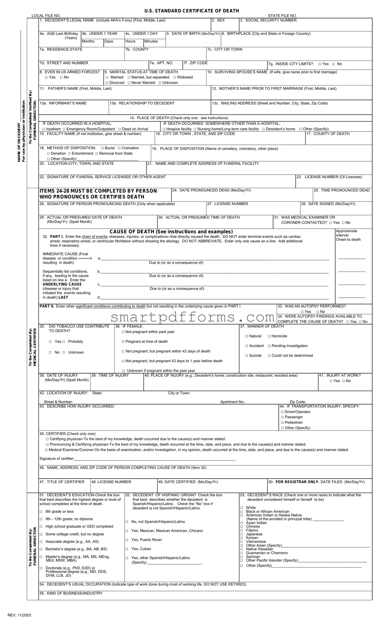 Blank CDC U.S. Standard Certificate of Death PDF Template