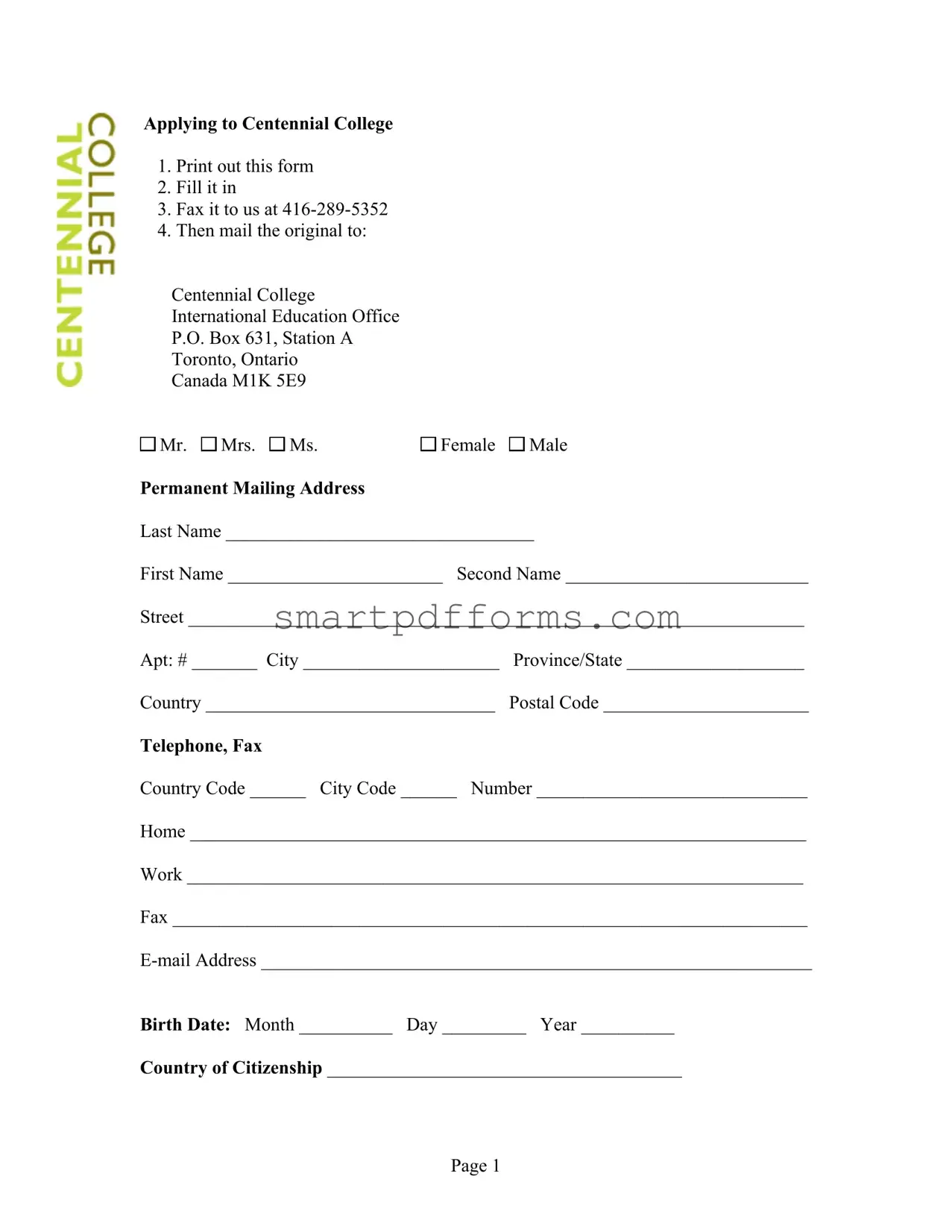 Blank Centennial College Application PDF Template