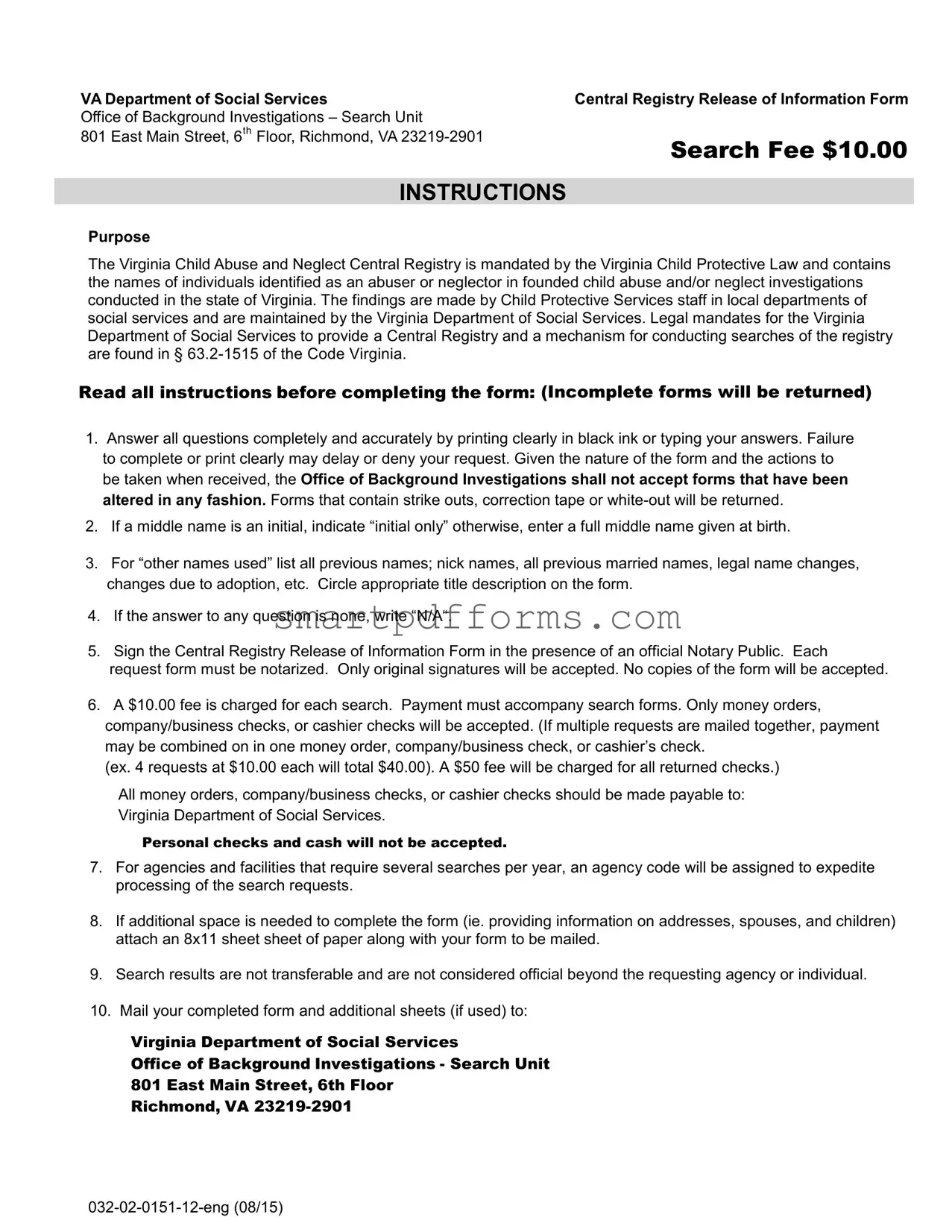 Blank Central Registry Release Information PDF Template