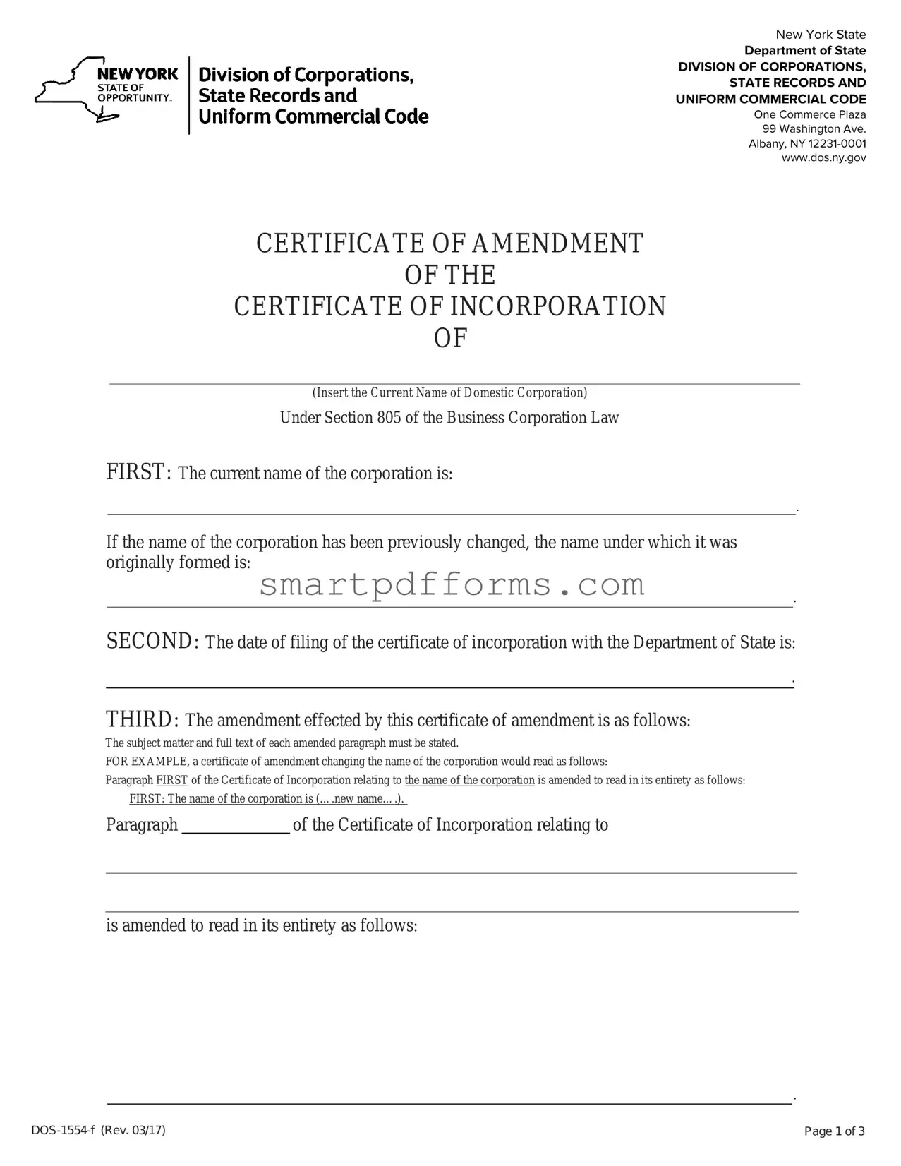 Blank Certificate Of Amendment Nys PDF Template