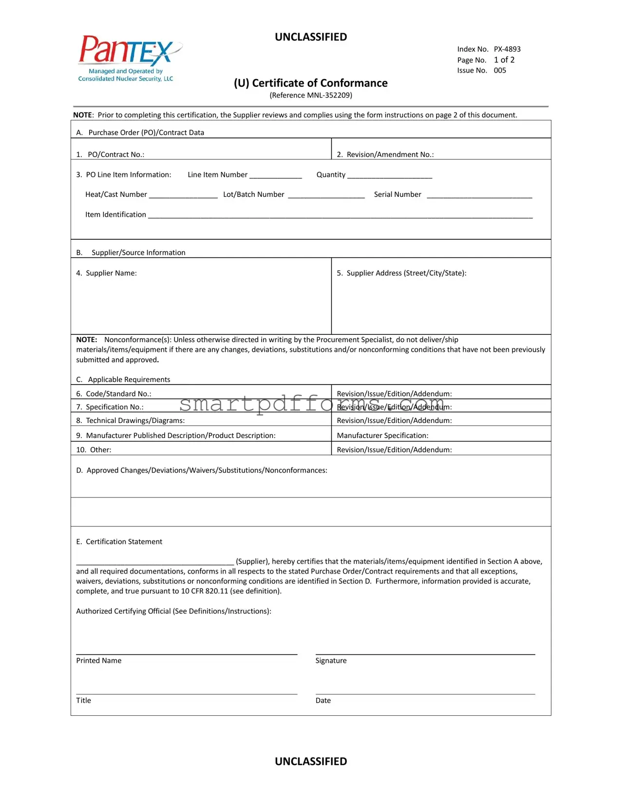 Blank Certificate Of Conformance PDF Template