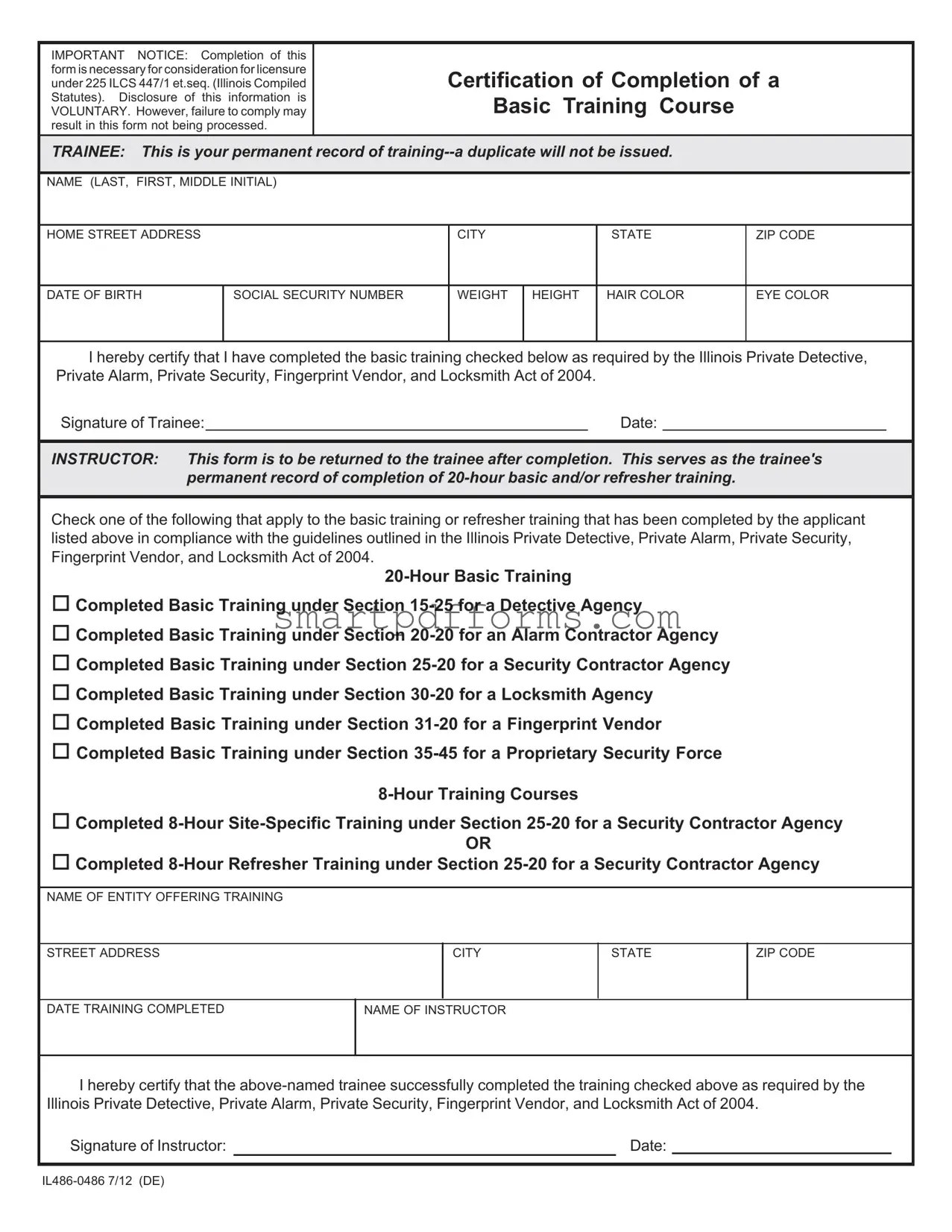 Blank Certification Of Completion Basic Training Course PDF Template